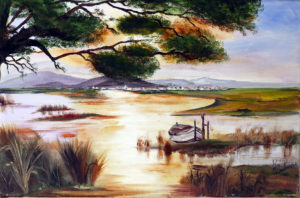 Huile sur toile, paysage, coucher de soleil, Etang, Lac