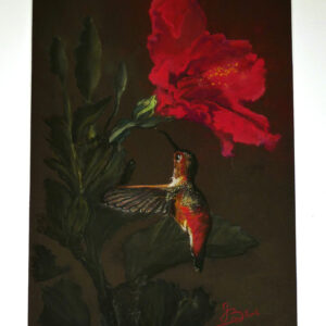 tableau peint à la main, au pastel sec, « le Colibri et son Hibiscus « 