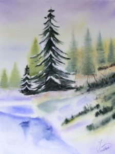 peinture aquarelle paysage sapin forêt