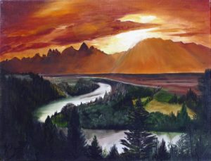 peinture huile sur toile paysage montagne rivière coucher de soleil