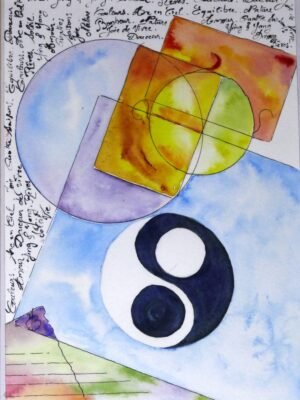Tableau aquarelle qui représente le Ying Yang dans un style géométrique très coloré