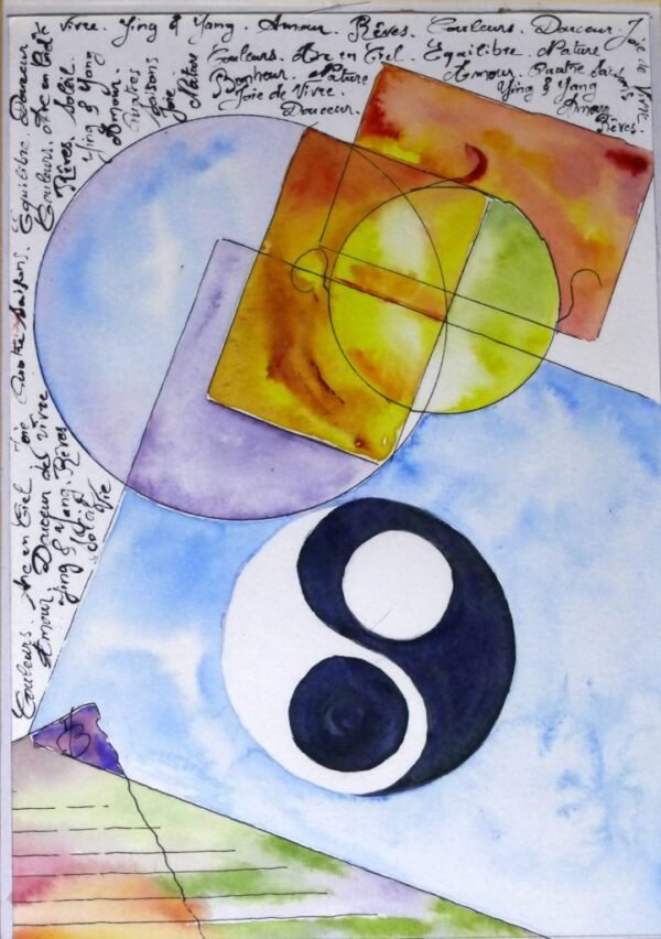 Tableau aquarelle qui représente le Ying Yang dans un style géométrique très coloré