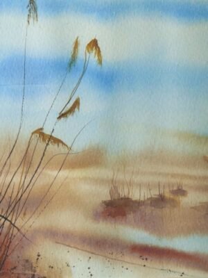 Aquarelle - Promenade au bord de l'étang 30x40cm