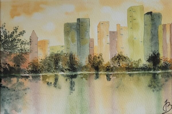 Aquarelle - Quand la ville se reflète dans le fleuve- 30x40cm Aquarelle - Quand la ville se reflète dans le fleuve- 30x40cm