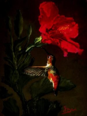 Pastels secs - Rencontre entre le Colibri et l'hibiscus 40x50cm