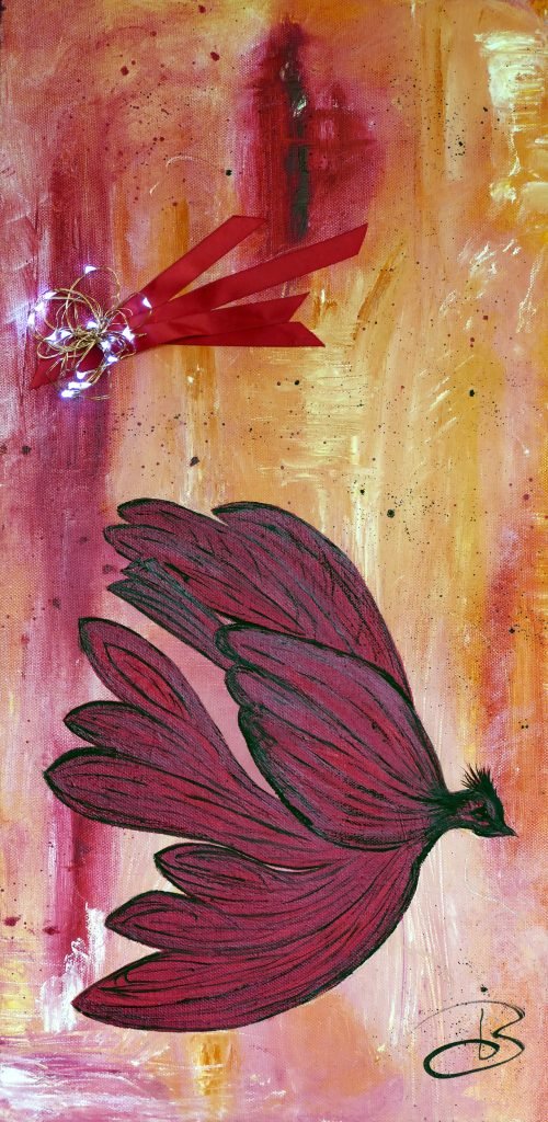 Huile - l'oiseau et l'etoile filante 25x50cm